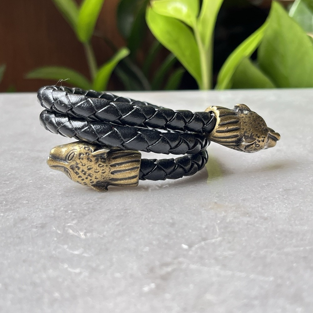 Leather Bracelet Wrap w/ Brass Gold Tone Leopard Feline Heads Braided Black Rope